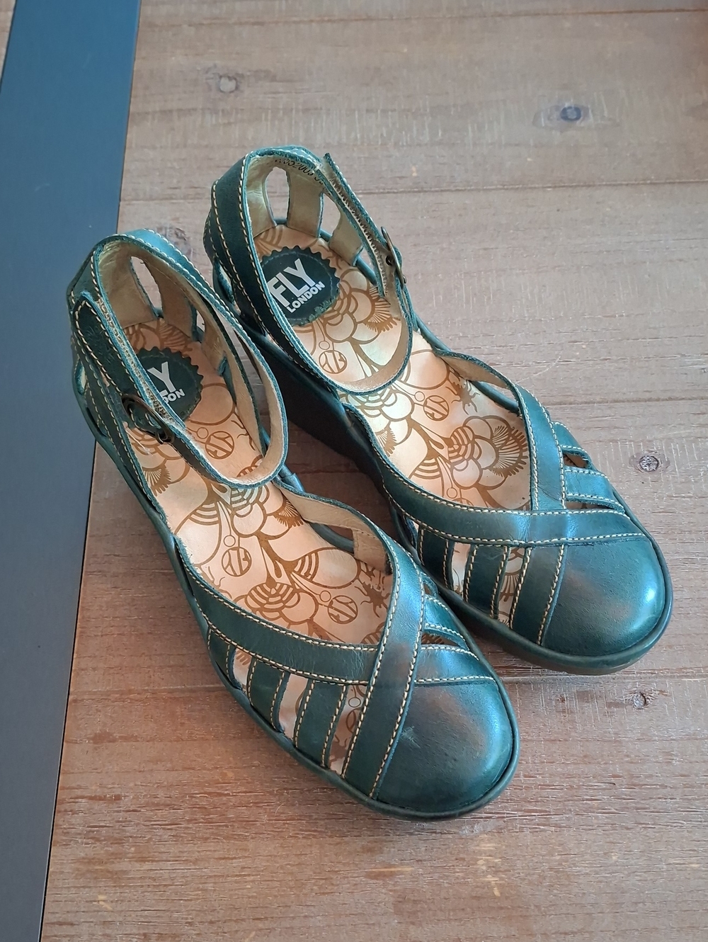 Fly London Green/Teal Leather Mary Jane Platform Cage Heels (EU 39/~US 8.5)